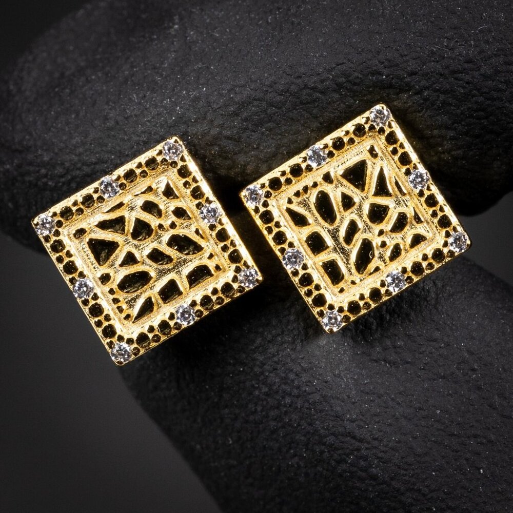 Mens 3D Iced Square 14K Gold Plated Nugget CZ Stud Screw back Stud Earrings